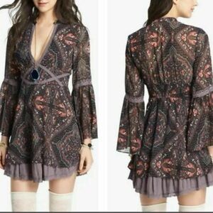 Boho Paisley Printed Long-Sleeve Mini Dress - Black with Dusty Pink
